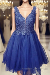 A Line V Neck Blue Lace Short Semi Formal Prom Dresses, Blue Lace Homecoming Dresses, Short Blue Formal Evening Dresses